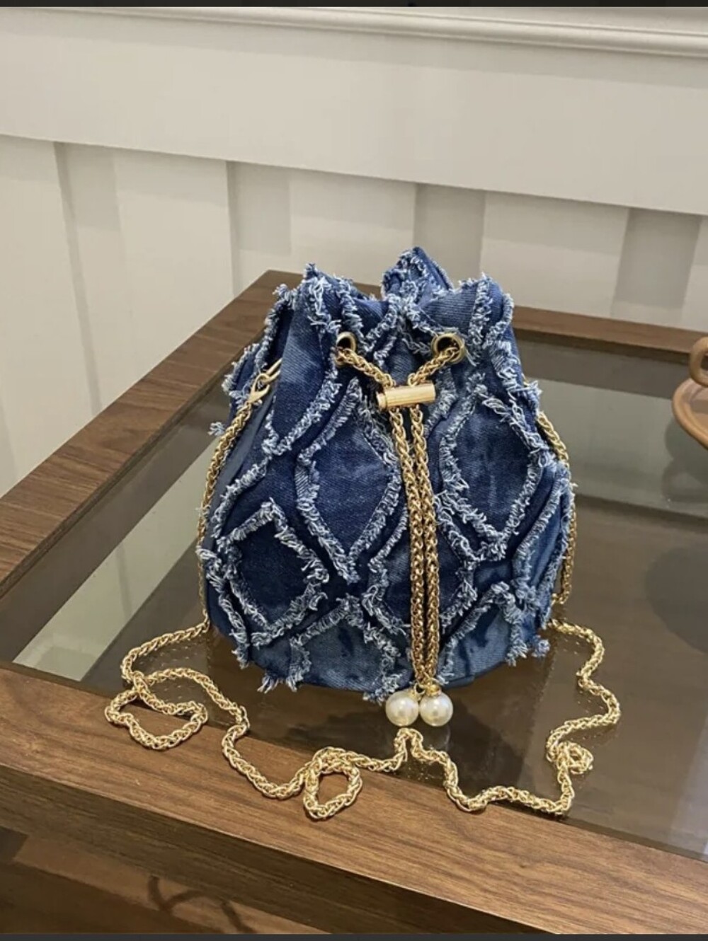 Blue Denim Drawstring Bucket Bag with Gold Chain & Faux Pearl Accents